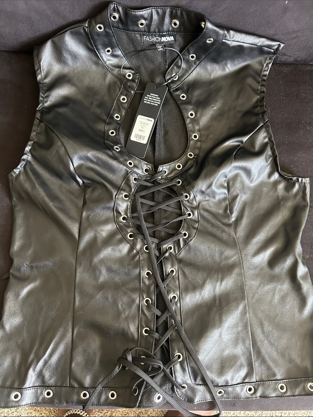 Fashion Nova Black Faux Leather Lace-Up Front Sleeveless Top